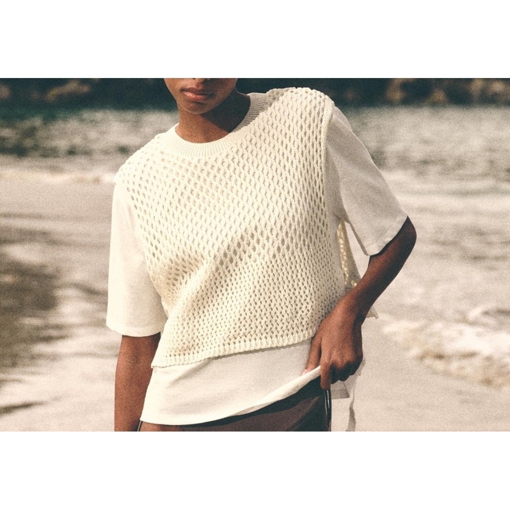 Zara Crochet Knit Vest Top White Tee Layered T-Shirt Small Boho Preppy Coquette